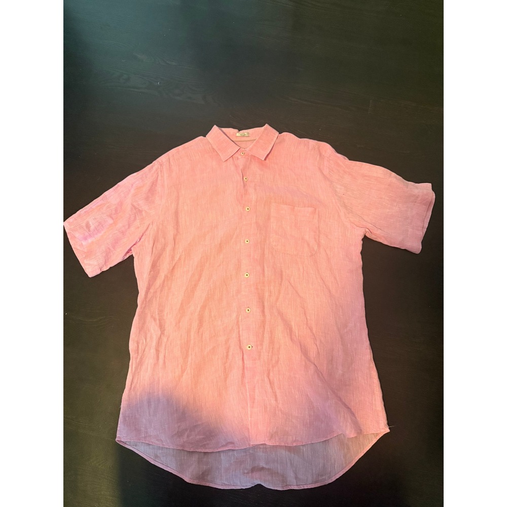 Peter Millar Mens Large Pink 100% Linen Short Sleeve Button Down Shirt RN 100308